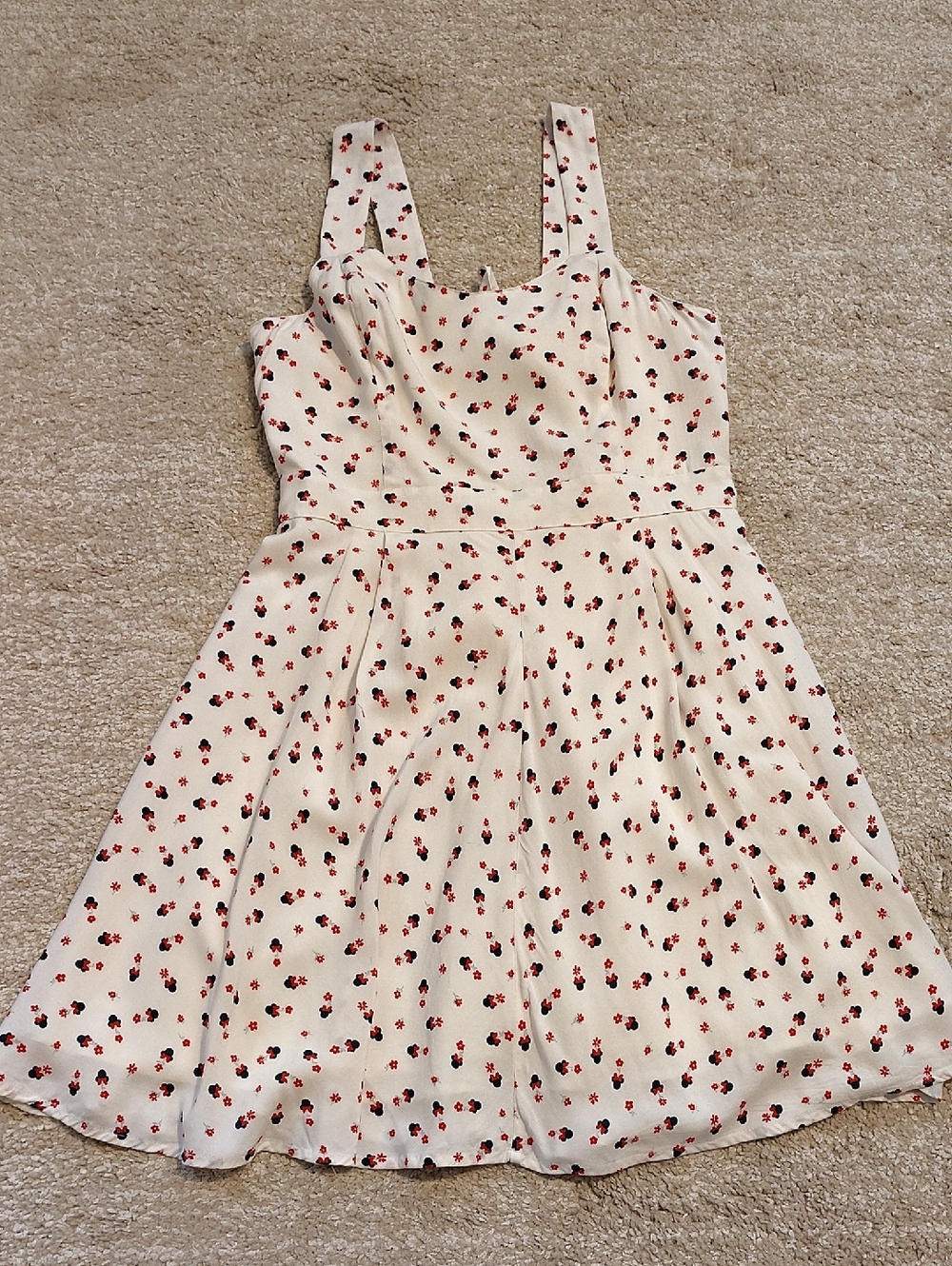Disney Cream Mini Dress with Little Blue Minnie Mouse Figures Red Bow/Flowers